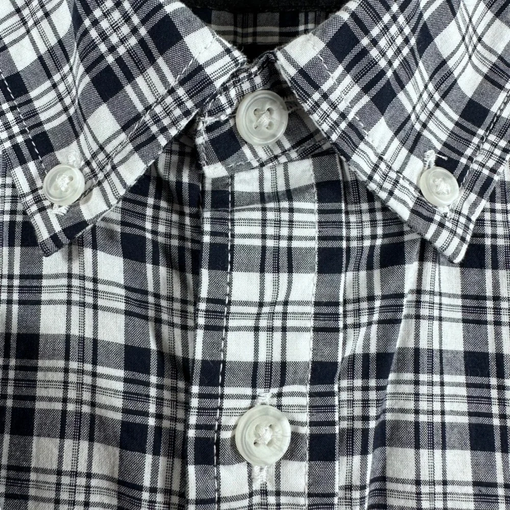 Banana Republic Button Down Shirt Mens L Large Navy White Plaid Untucked Fit